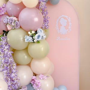 May include: A pastel balloon arch with a pink backdrop, decorated with faux flowers and wisteria. The balloons are in shades of white, pink, and green. The backdrop features a silhouette and the name "Amelia".
