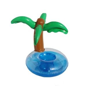 May include: Inflatable palm tree drink holder with a blue water base and a brown trunk. The palm tree has green leaves.