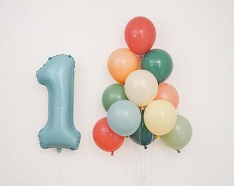 May include: A light blue number one foil balloon and a cluster of colorful balloons. The cluster includes red, orange, green, white, blue, and yellow balloons, creating a festive arrangement for a birthday celebration.