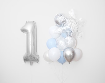 Customize: Blue White Snowflake 1st Birthday Party Decor Winter Wonderland Themed Birthday Balloons Snow Balloon Bouquet Winter Onederland