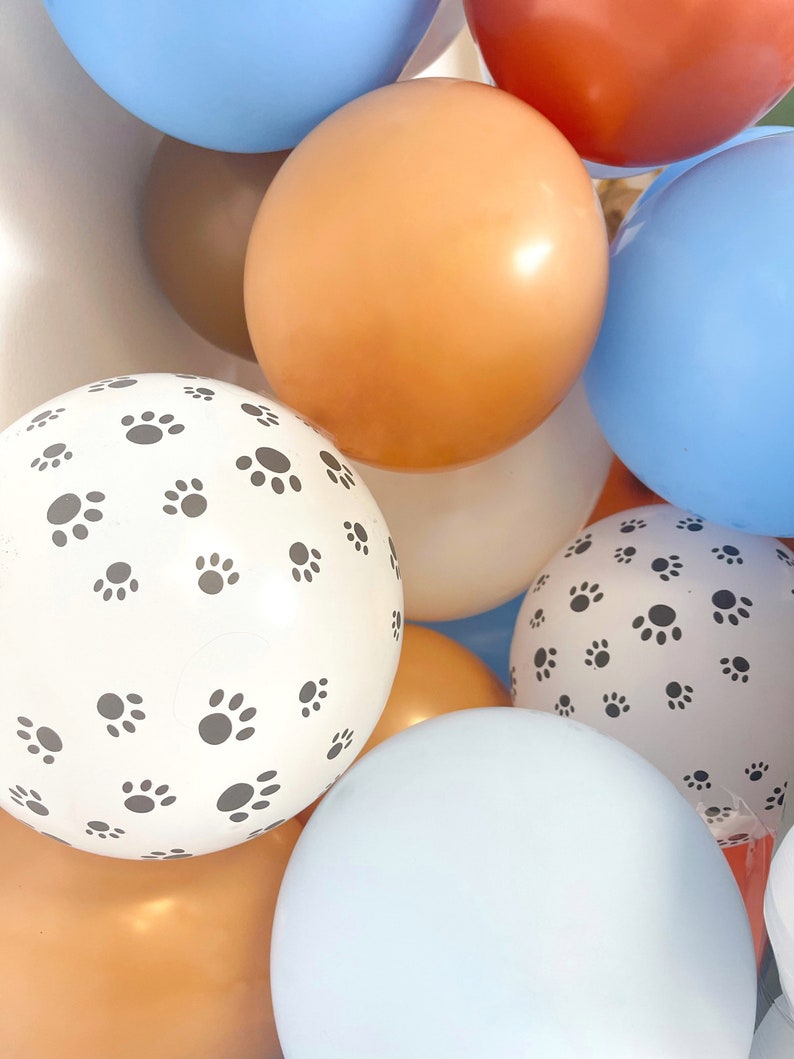 Puede incluir: Un conjunto de globos coloridos en tonos de azul, naranja, marr&oacute;n y blanco. Algunos globos son lisos, mientras que otros presentan un patr&oacute;n de peque&ntilde;as huellas de patas negras. Los globos est&aacute;n agrupados.