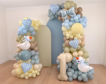 One Silly Goose Balloon Garland Balloon Arch Silly Goose Birthday Party Decorations Goose Birthday Goose Gingham Blue Yellow Party Decor