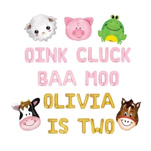 Oink Cluck Baa Moo Custom Name Is Two Balloon Banner Birthday Sheep Pig Toad Cow Horse 2nd Birthday Party Decorations Farm Farmer Themed