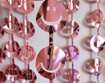 Fondo de cortina con cara feliz en oro rosa, decoraciones para fiesta de cumpleaños de un tipo feliz, fondo con flecos en oro rosa, decoración para fiesta, estilo disco de los años 60 y 70