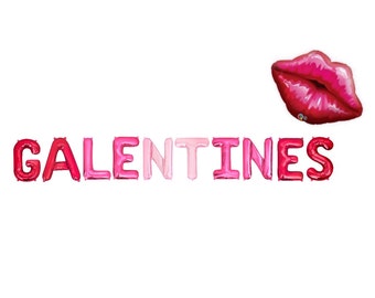May include: A set of foil balloons spelling out the word GALENTINES in varying shades of pink, ranging from dark magenta to light pastel pink. Above the word, there is a single large foil balloon shaped like a pair of glossy red lips.