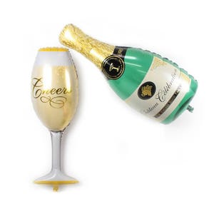May include: Gold foil balloon shaped like a champagne glass with the word "Cheers" printed on it.  A green and gold foil balloon shaped like a champagne bottle with the text "Chateau Celebration" printed on it.