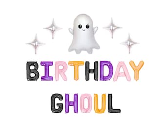 Może przedstawiać: Zestaw balonów foliowych tworzących napis BIRTHDAY GHOUL z liter w kolorze czarnym, fioletowym, różowym i pomarańczowym. Nad tekstem znajduje się biały balon w kształcie duszka z uśmiechniętą buzią oraz cztery srebrne balony w kształcie gwiazd.