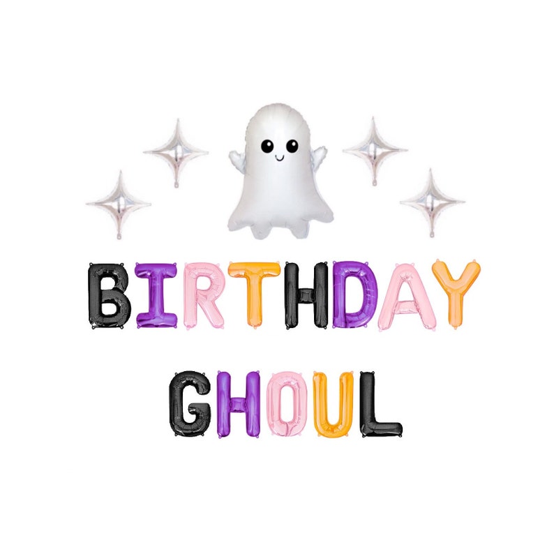 May include: A white ghost balloon with a friendly face, surrounded by silver star balloons and black, purple, pink, orange, and yellow letter balloons spelling out "BIRTHDAY GHOUL".