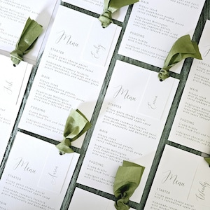 Olive/Sage Green Place Card Menu with Ribbon | DL Customisable Menu | Personalised Wedding Menu