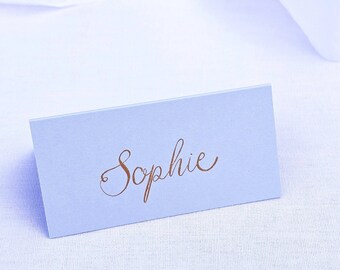 Light Blue Wedding Place Cards | Baby Blue Tented Place Names | Gold Ink Wedding Place Cards | Handwritten Calligraphy