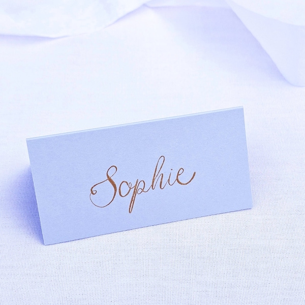 Light Blue Wedding Place Cards | Baby Blue Tented Place Names | Gold Ink Wedding Place Cards | Handwritten Calligraphy