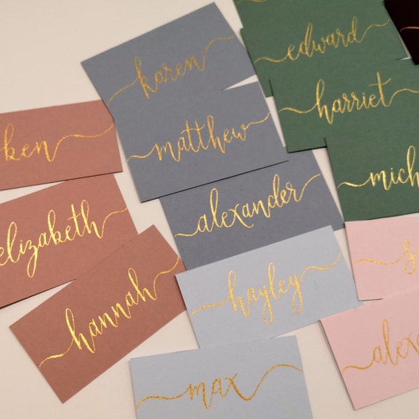 Coloured Flat Wedding Place Names | Gold, Blush Pink, Blue, Green Wedding Place Cards | Gold Ink Handwritten Calligraphy | Gold Name Cards