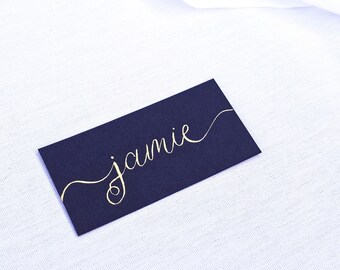 Navy Blue Wedding Place Names | Modern Calligraphy Flat Place Cards | Handwritten Calligraphy | Blue and Gold Place Cards