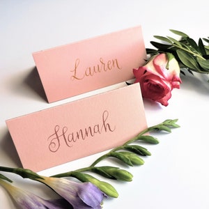 Blush pink wedding name cards | Pink matte wedding place cards | Rose Gold Handwritten calligraphy