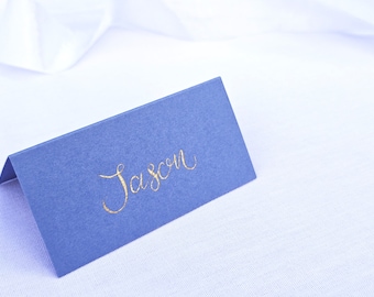 Blue Wedding Place Cards | Blue and Gold Tented Place Names | Gold Ink Wedding Place Cards | Handwritten Calligraphy