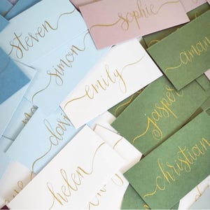 Coloured Flat Wedding Place Names, Gold, Blush Pink, Blue, Green Wedding Place Cards, Gold Ink Handwritten Calligraphy, Gold Name Cards