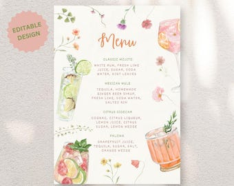 Plantilla editable de menú de cócteles en rojo y rosa, menú de bebidas para bodas, papelería imprimible y personalizable, descarga digital instantánea.