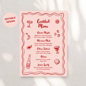 以下が含まれることがあります： 赤い縁とイラストが特徴のピンク色のカクテルメニュー。「Classic Mojito」や「Mexican Mule」などのドリンク名が記載され、各下に材料がリストされています。「Cocktail Menu」の文字が上部にあります。