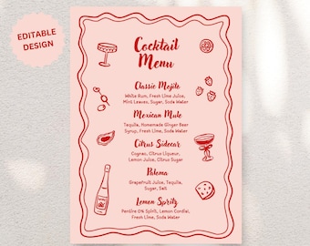 Plantilla editable de menú de cócteles en rojo y rosa, menú de bebidas para bodas a todo color, papelería imprimible y personalizable, descarga instantánea