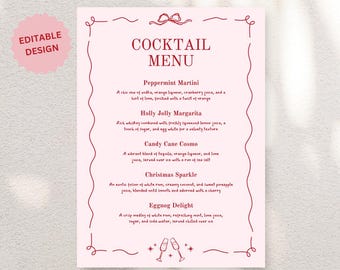 Plantilla editable de menú de cócteles en rojo y rosa, diseño de menú de bebidas, papelería imprimible y personalizable, descarga instantánea