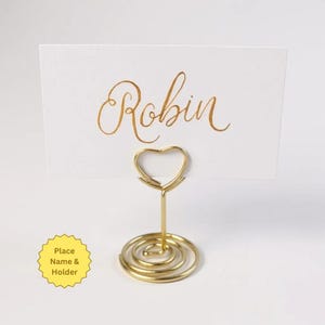 Place Name and Matching Holder, Heart Metal Wedding Name Card Stand, White and Gold Calligraphy, Table Number or Photo Holder