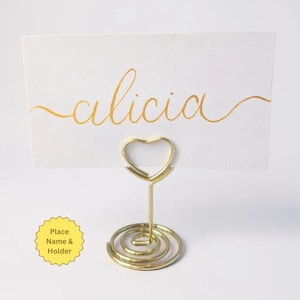 Place Name and Matching Holder, Heart Metal Wedding Name Card Stand, White and Gold Calligraphy, Table Number, Wedding Table