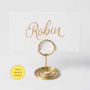 Handwritten Gold Place Card with Metal Place Name Holder | Calligraphy Wedding Place Card | Table Plan