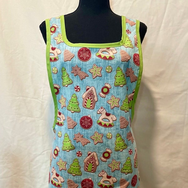 Apron, Handmade Hoilday Over the shoulder tie apron with pocket, Christmas waist tie full apron