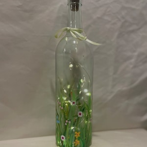 Wine bottle with fairy lights, led wine bottles, indoor outdoor bottle lights, hand painted floral glass art, Mothers Day