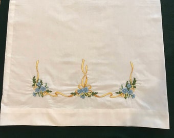 Vintage Pillowcase- hand embroidered blue and gold floral design