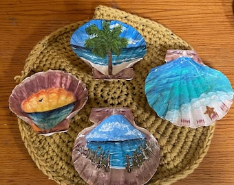 Concha, concha decorativa pintada a mano, pinturas de escenas de playa