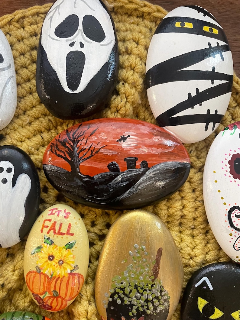 Hand-painted Halloween Rocks: Spooky Fall Decor, Mummy, Frankenstein - Etsy