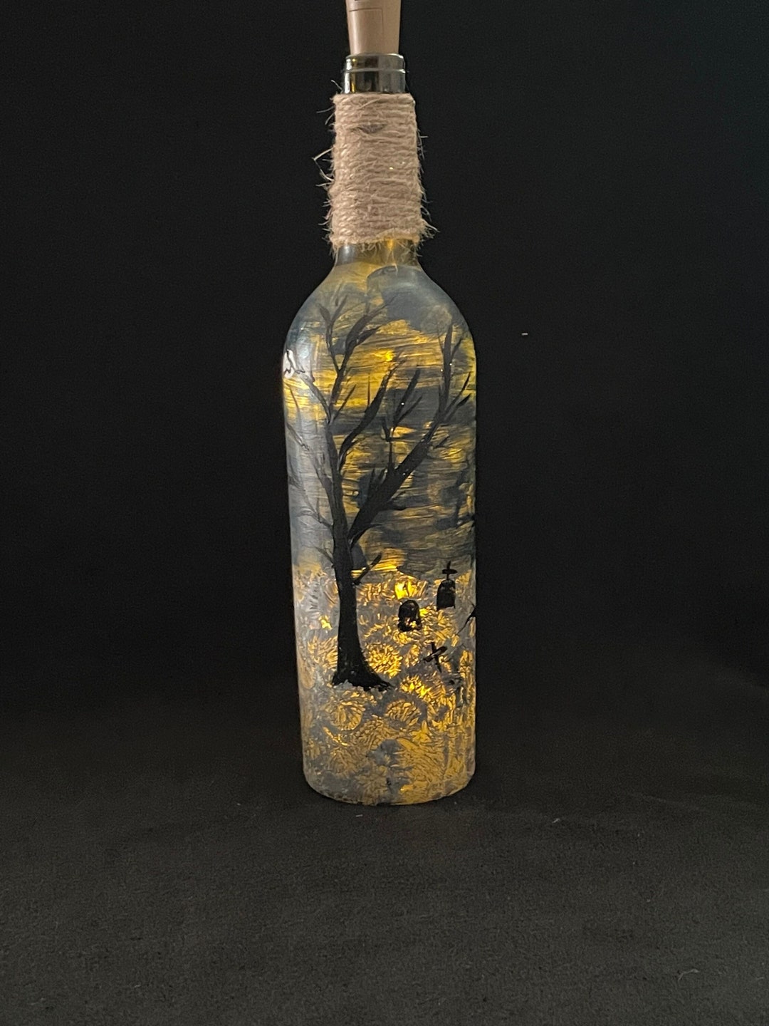 Wine Bottle Graveyard Scene With Led Fairy Lights, Bar Decor, Halloween