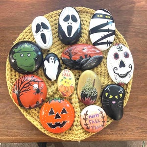 Rocks, Hand-painted Halloween and Fall rocks, decorative rocks, Halloween fall decorations, mummy, Frankenstein, spooky garden decor