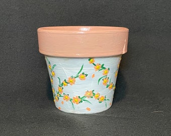 Hand-Painted Floral Terra Cotta Planter: Vintage Peach Flower Pot