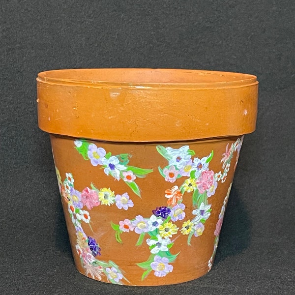 Flower pot, Hand-painted floral vine terra cotta pot, 4" planter, indoor and outdoor decor, Vintage terra cotta