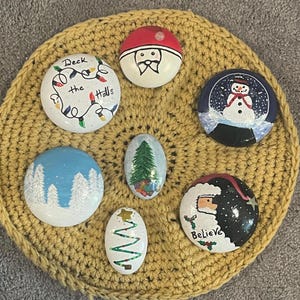 Rocks, Hand painted Garden Rocks, Deck the Halls Hand painted Christmas rock, Stocking stuffer stones, Santa, Snow globe, Xmas Tree