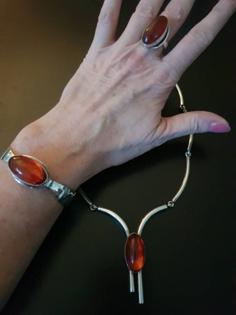 N.e.from Denmark Jewelry Set Silver With Amber - Etsy