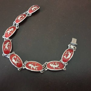 Silver bracelet siam niello Sterling enamelled red