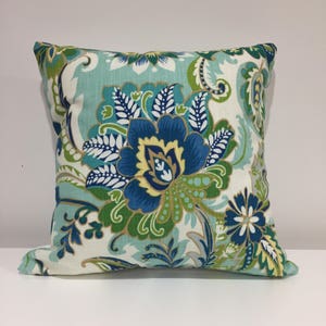Blue, teal Floral Print Pillow Cover, 18x18 pillow cover, square pillow cover, handmade in USA, Free shipping, decorative pillow, home decor