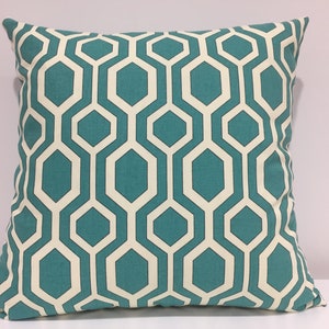 Teal geometric print pillow cover, modern print, decorative pillow cover, ready to ship, made to order, handmade in USA, free shipping, teal