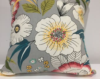 Funda de almohada floral gris, cojín decorativo de algodón estampado serigrafiado de 18x18 pulgadas.