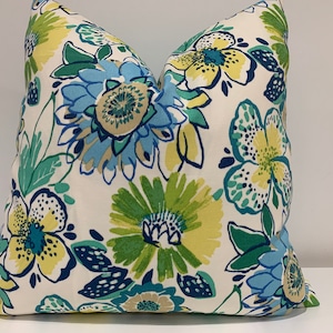 Blue, Yellow, green, turquoise/teal, floral pillow cover, indoor outdoor pillow covers,  20x20, ready to ship,  handmade in USA,  home decor
