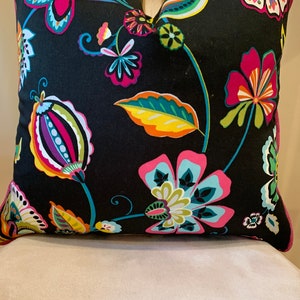 Boho Style floral print fabric pillow cover, Pink, green, yellow , blue, orange, black pillow cover, Ready to ship, handmade in USA,  zipper