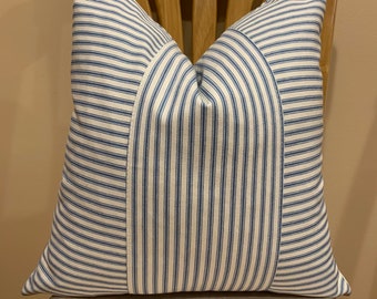 Blue Ticking Stripe pillow covers, modern farmhouse style, farmhouse style, 18x18, ready to ship, made to order, handmade In USA, decorative