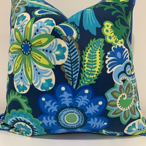 18x18 Blue floral pillow covers with green and yellow accents with zipper closure  indoor outdoor fabric handmade in USA throw pillow covers