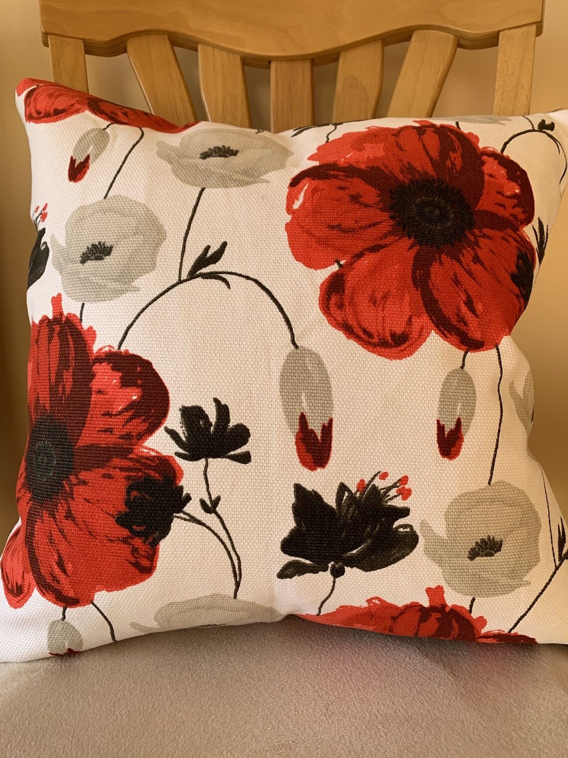 Poppy Pillow Cover, Red, Gray, White, Pillow Shams, Table Runner, Drapes, Valance, Duvet Cover