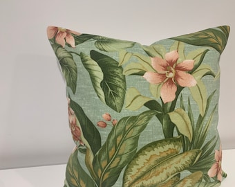 Funda de almohada con estampado floral tropical, color verde melocotón, para interior y exterior (45 x 45 cm)