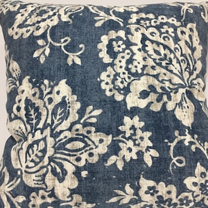 20x20 blue and beige floral cotton pillow covers farmhouse decor zipper closure ready to ship handmade in USA home decor throw pillow covers