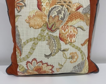 Farmhouse Floral Pillow Cover, Gray Linen and Rust Suede, 18x18, Handmade in USA